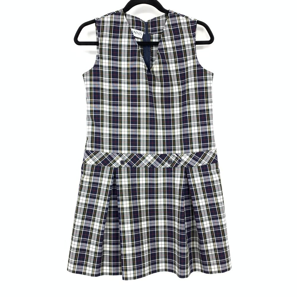 Vintage Dennis Womens Sz S School Uniform Jumper Dress Navy Plaid Pleated USA